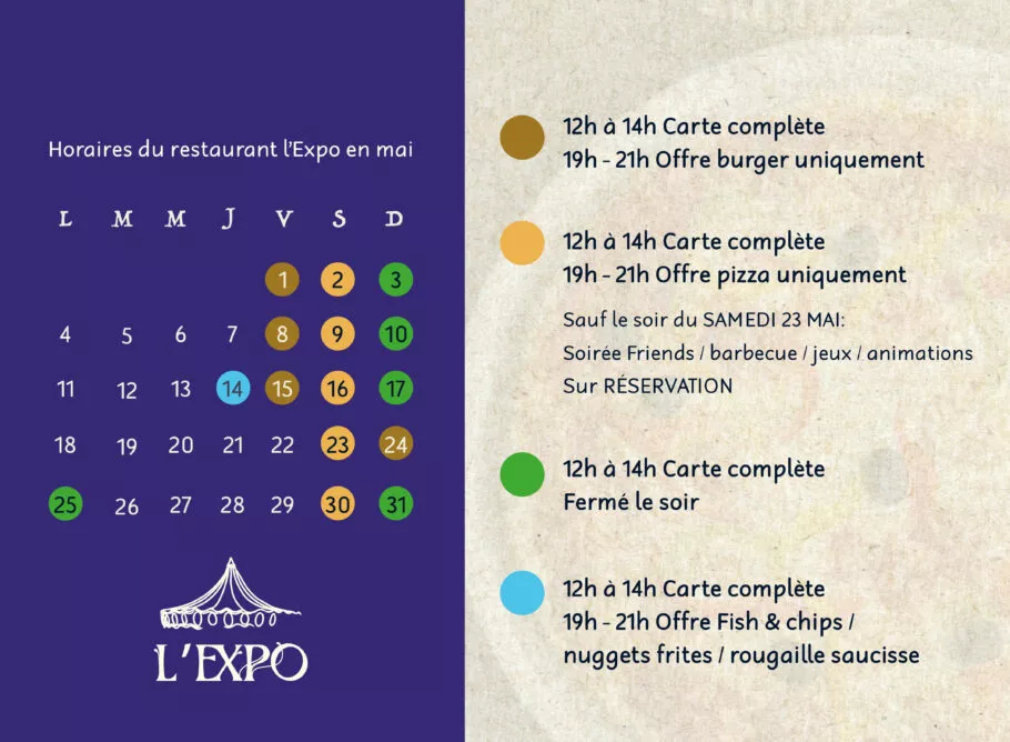 Horaires en mai du restaurant l'Expo à Milizac, la Récré des 3 Curés